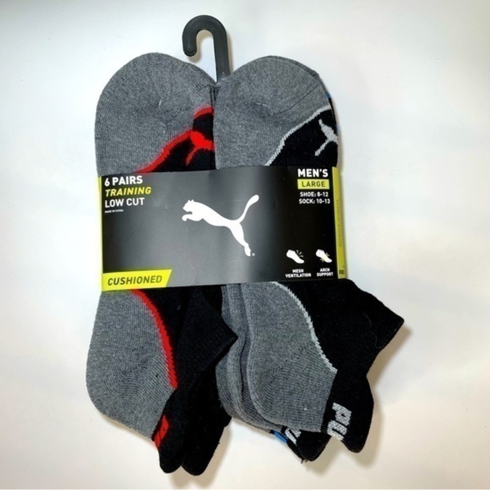 Puma men’s low cut socks 6 pack size 8-12 gray black red